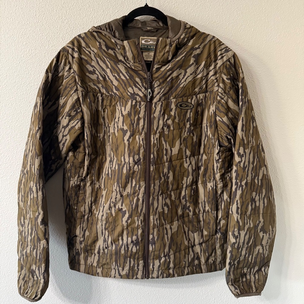 Drake Waterfowl Mens Mossy Oak Bottomland Outdoor Hooded Hunting Jacket Med